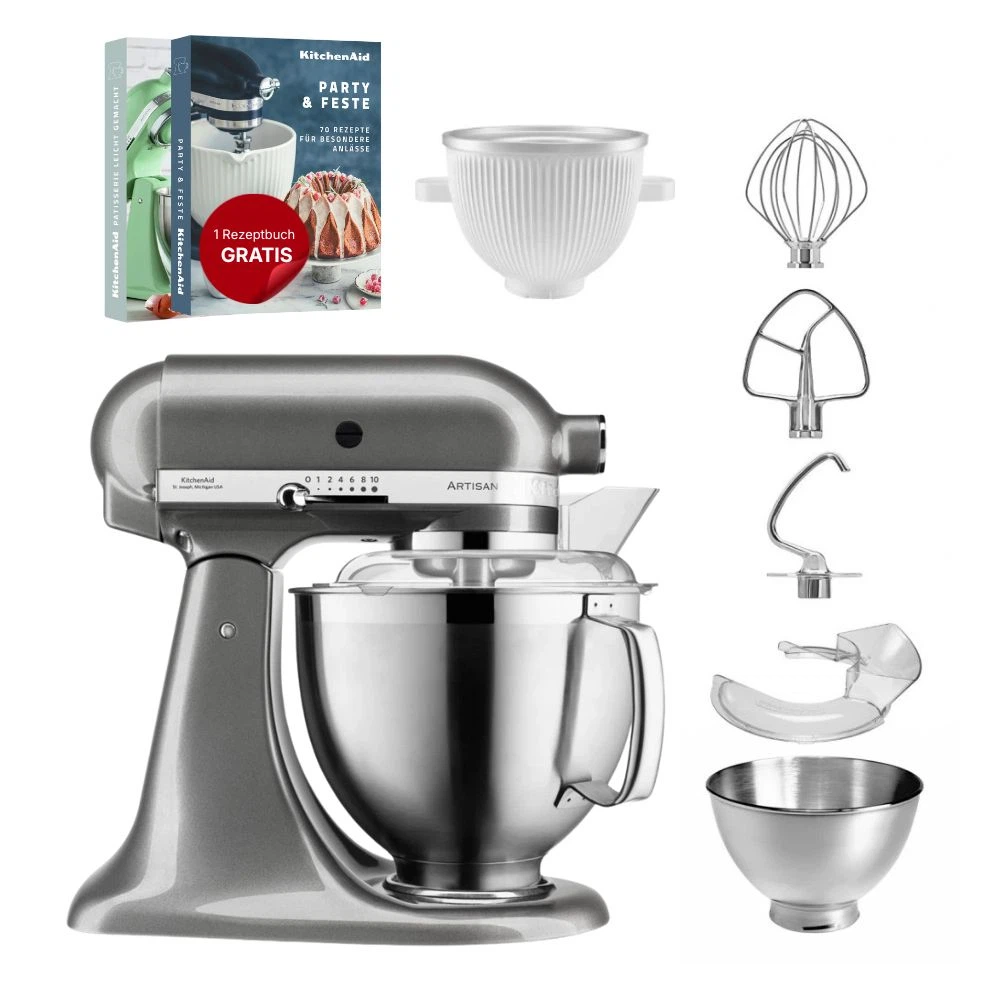 KitchenAid 4,8 L 5KSM185 Artisan Küchenmaschine Icelover Eiszubereiter 5KSMICM-Medaillon Silber