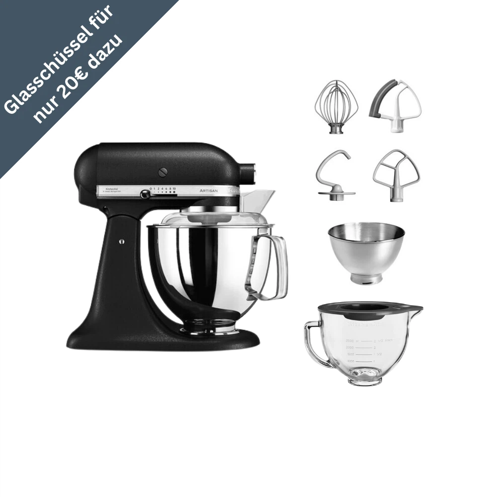 KitchenAid 4,8 L 5KSM175 Artisan Küchenmaschine Glasset mit Glasschüssel-Gusseisen Schwarz