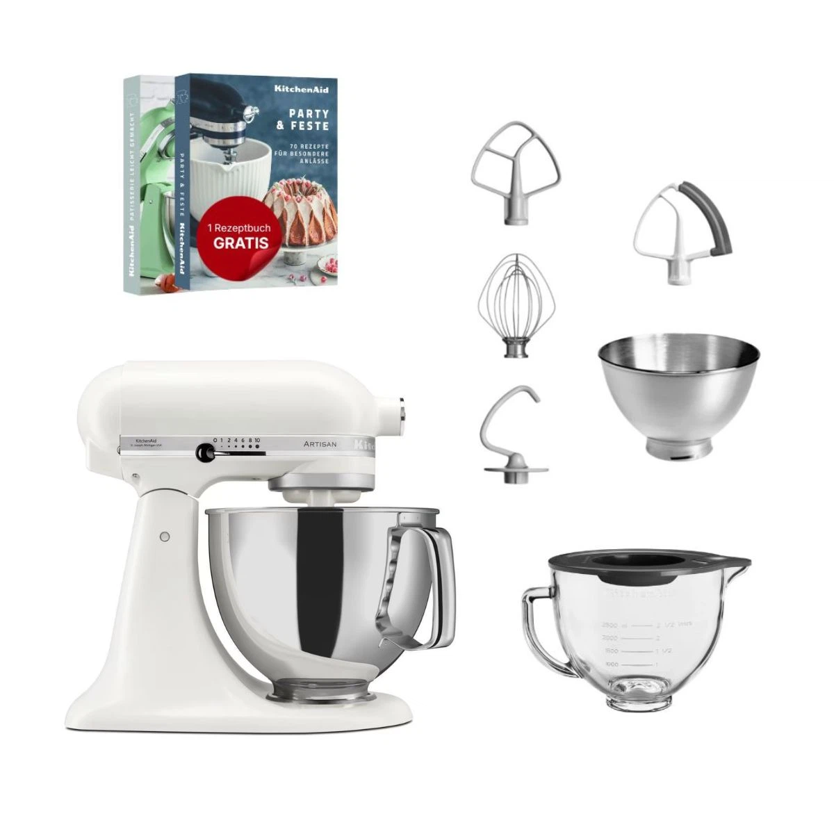 KitchenAid 4,8 L 5KSM175 Artisan Küchenmaschine Glasset mit Glasschüssel-Porcelain White