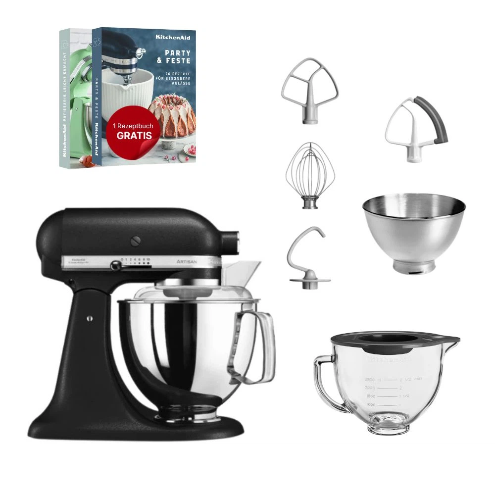 KitchenAid 4,8 L 5KSM175 Artisan Küchenmaschine Glasset mit Glasschüssel-Gusseisen Schwarz