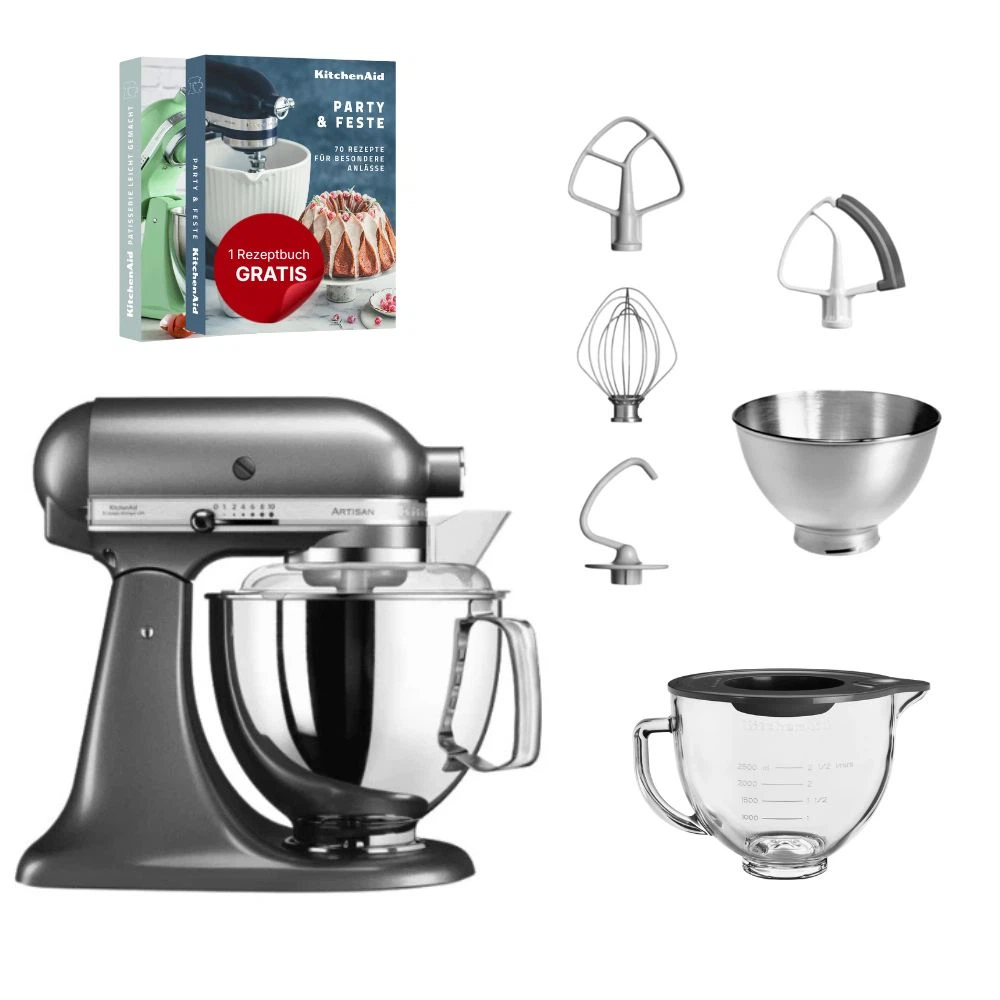 KitchenAid 4,8 L 5KSM175 Artisan Küchenmaschine Glasset mit Glasschüssel-Medaillon Silber