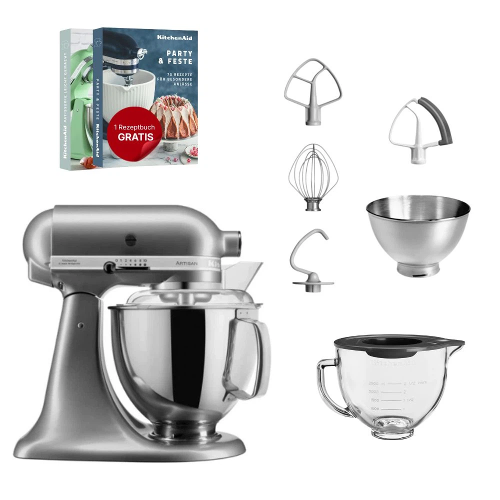 KitchenAid 4,8 L 5KSM175 Artisan Küchenmaschine Glasset mit Glasschüssel-Kontur Silber