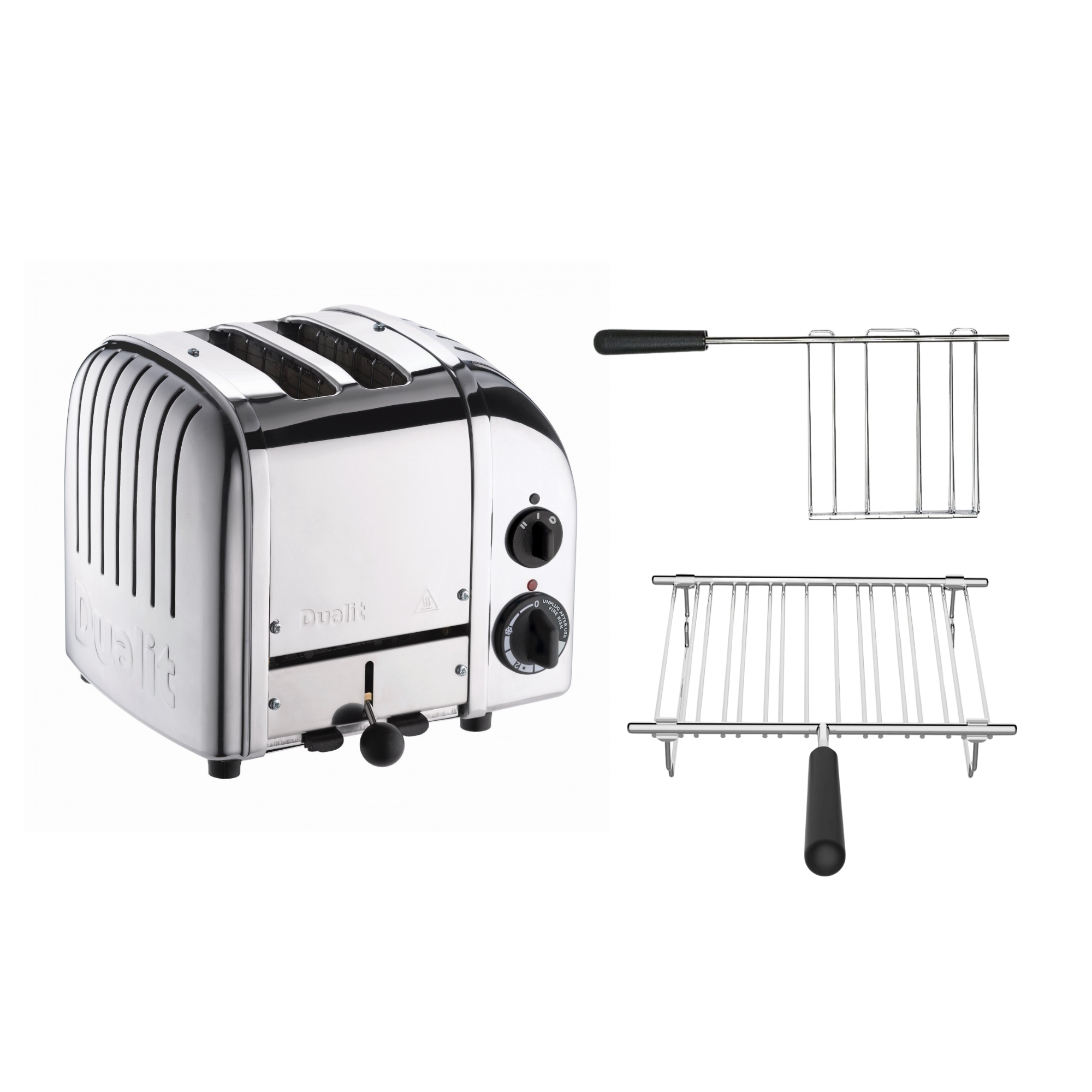 Dualit Toaster Paket 2, 2er Toaster mit Brötchenaufsatz und Sandwichzange-Poliertes Metall