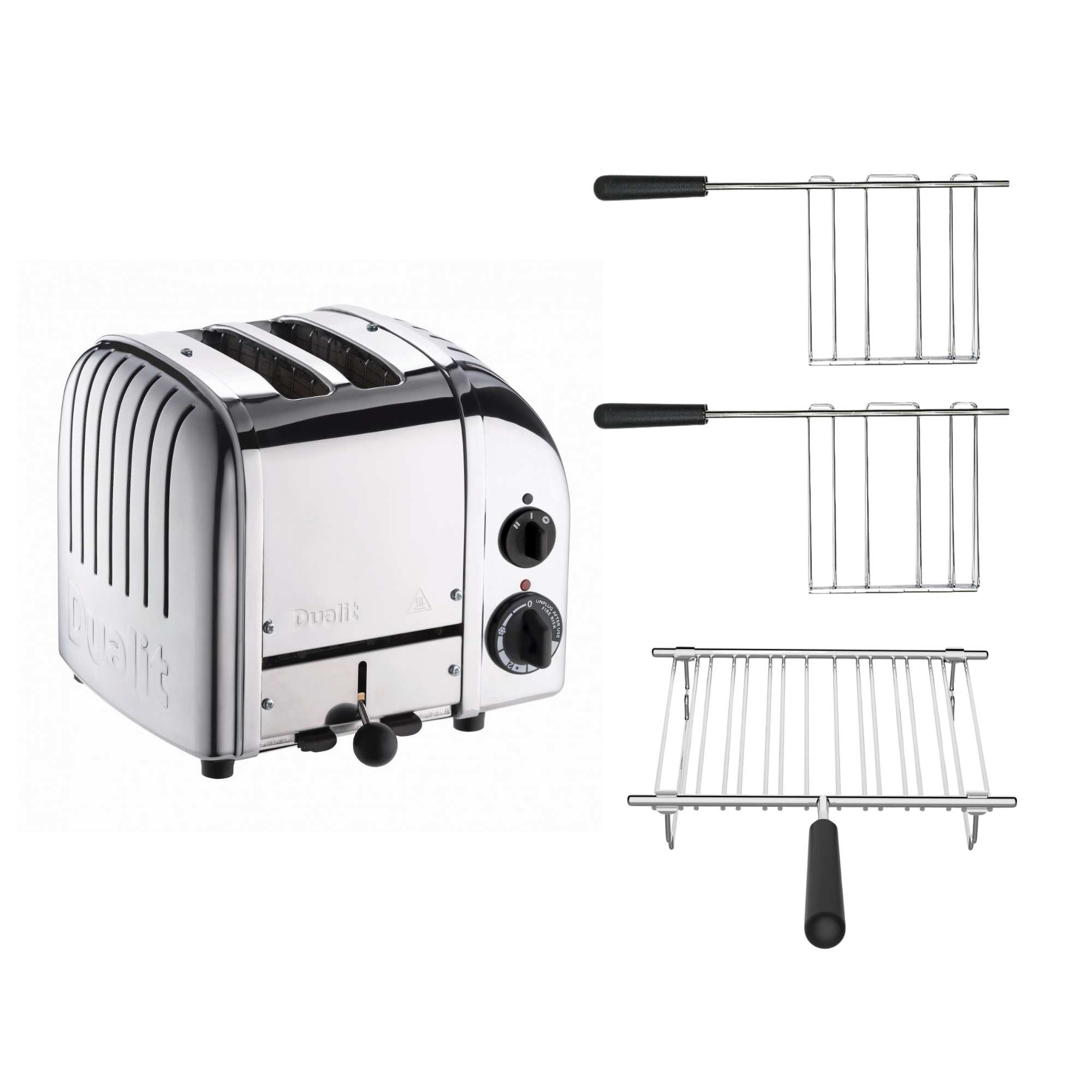 Dualit Toaster Paket 3, 2er Toaster mit Brötchenaufsatz und zwei Sandwichzangen-Poliertes Metall
