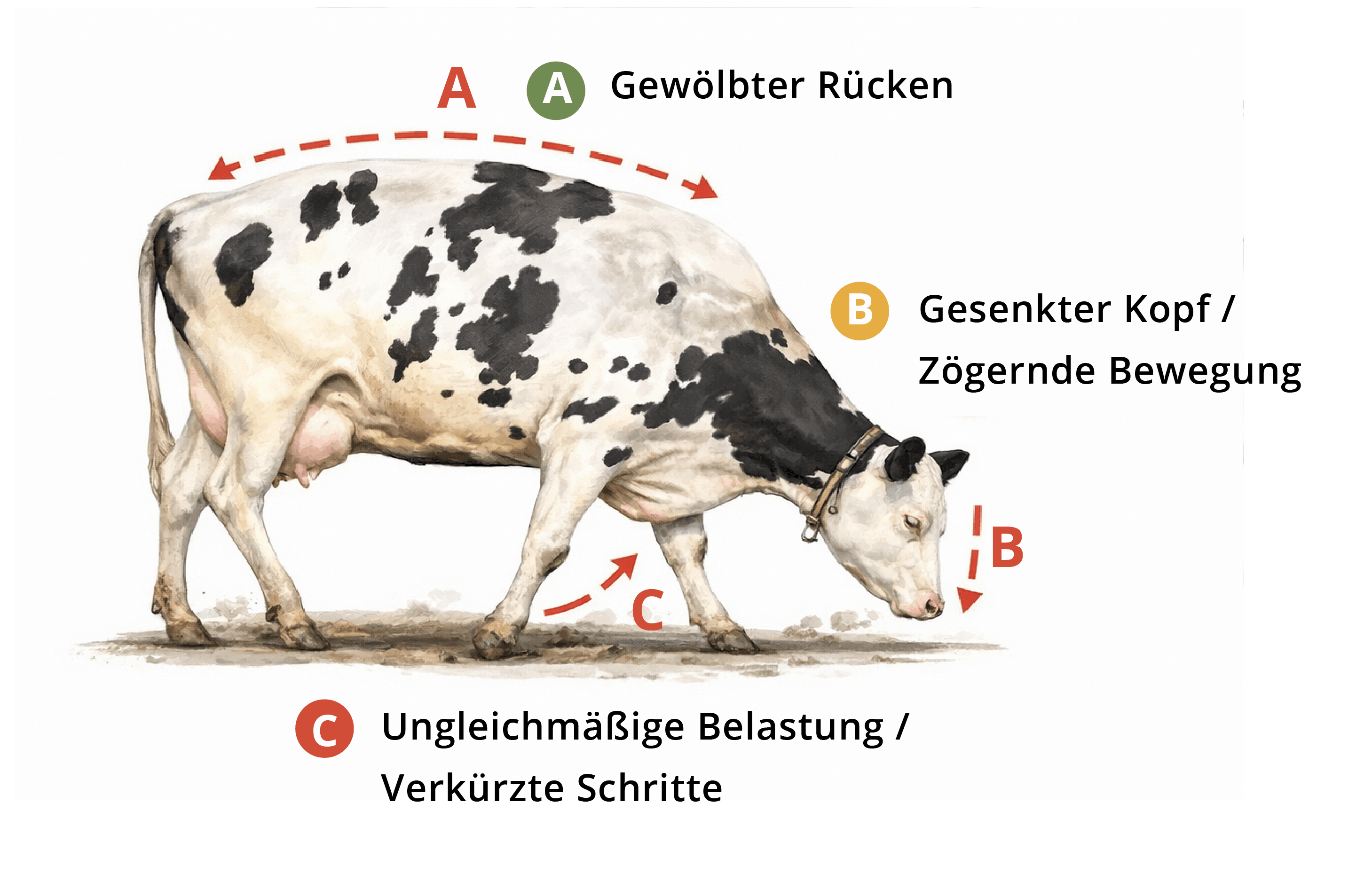 Typische Anzeichen von Lahmheit bei Milchkühen, ABC Grafik Rücken Kopf Belastung