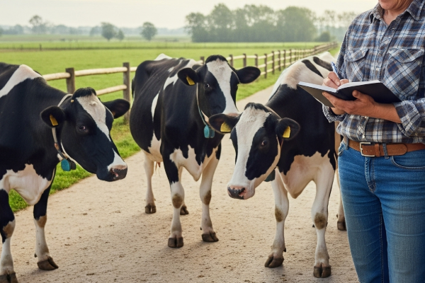Planung des Klauenschneidens ruhige Kühe auf sauberem Hofweg