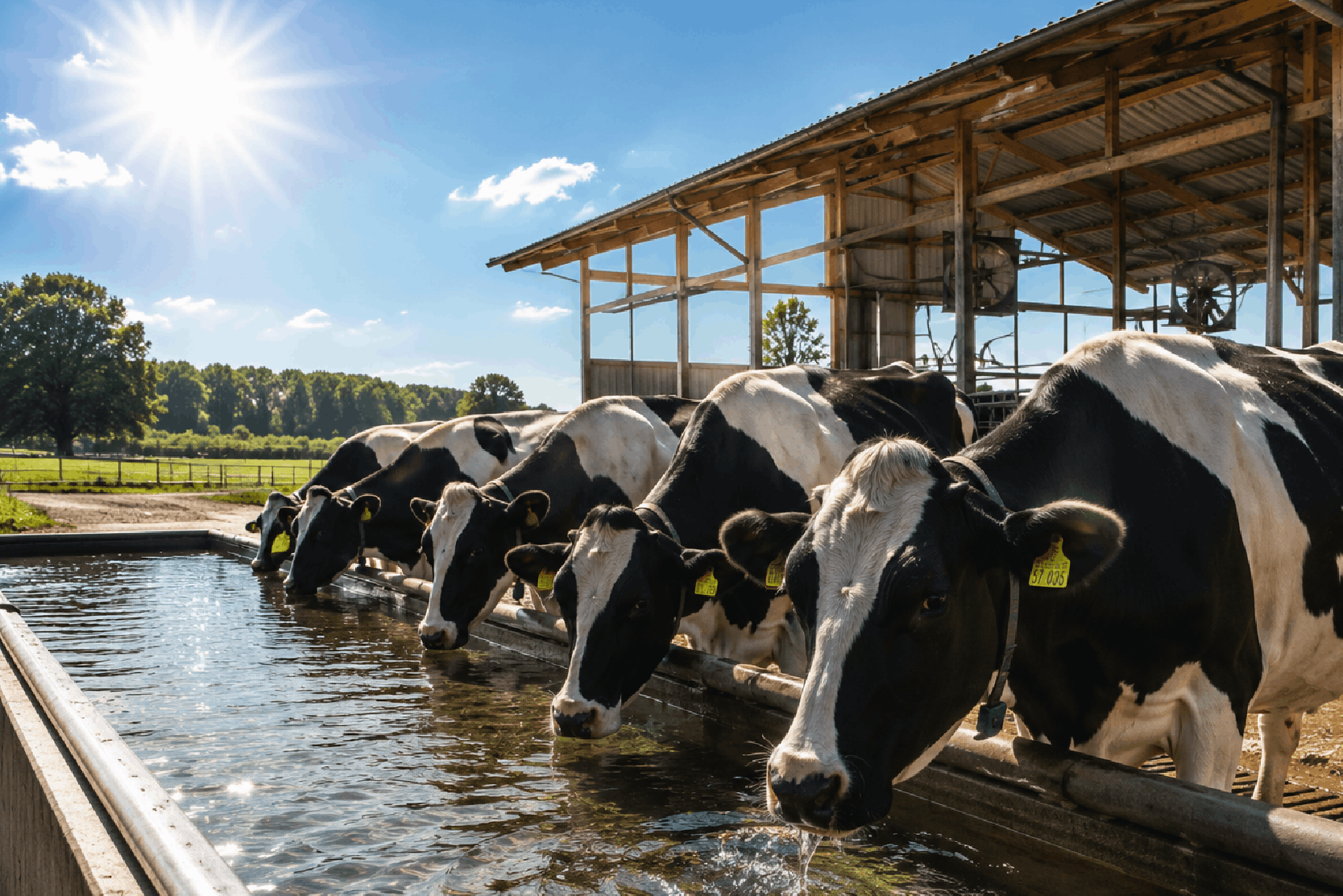 Milchkühe trinken Wasser an einer Tränke während warmer Sommertage
