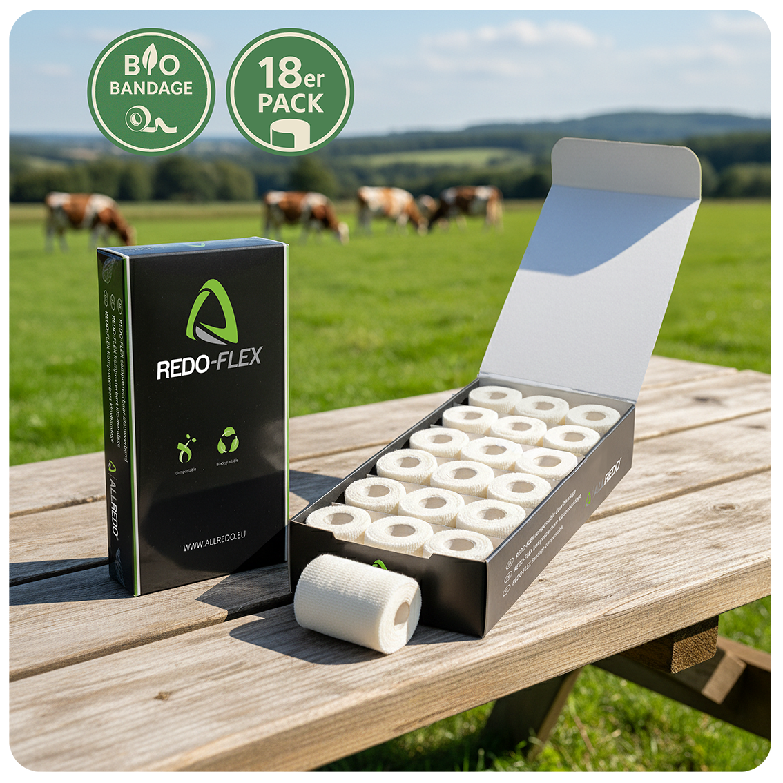 Geöffnete Box mit 18 Bio-Bandagen