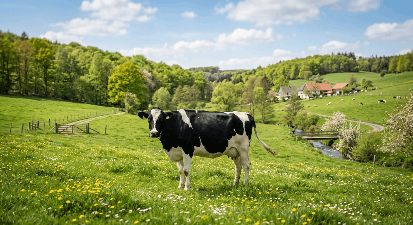Milchkuh im Frühling auf grüner Weide mit nassem Boden und Schlamm Bedingungen die die Klauenpflege beeinflussen