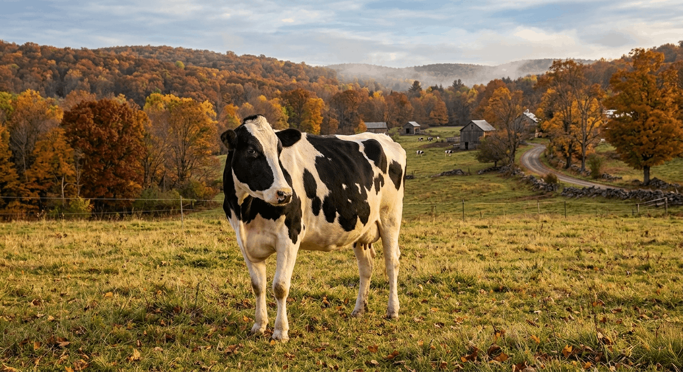 Milchkuh im Herbst mit goldenen Blättern und wechselnden Bodenbedingungen als Übergangsphase für die Klauenpflege