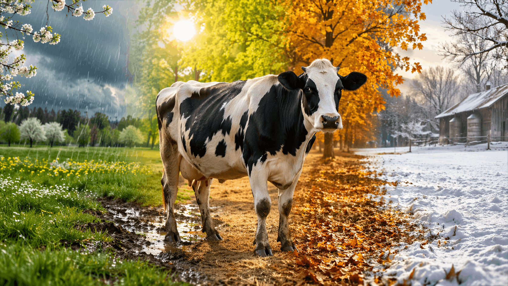 Gesunde Holstein Milchkuh im Vergleich der vier Jahreszeiten auf einem europäischen Bauernhof mit Frühling Schlamm Sommer Trockenheit Herbst Übergang und Winter Schnee für Klauenpflege