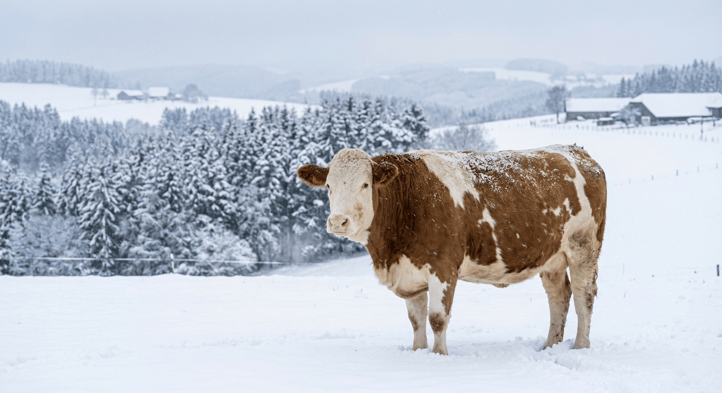 Holstein Milchkuh im Winter mit Schnee und kalten Bedingungen nahe Stall zeigt Herausforderungen für die Klauenpflege