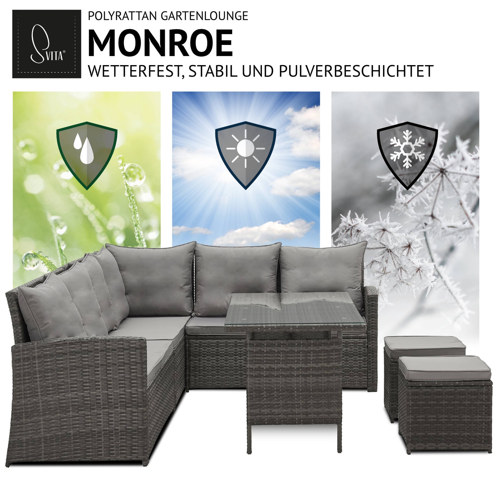 SVITA MONROE Garten-Lounge Set Polyrattan Lounge-Möbel Sitzgruppe Garten Grau