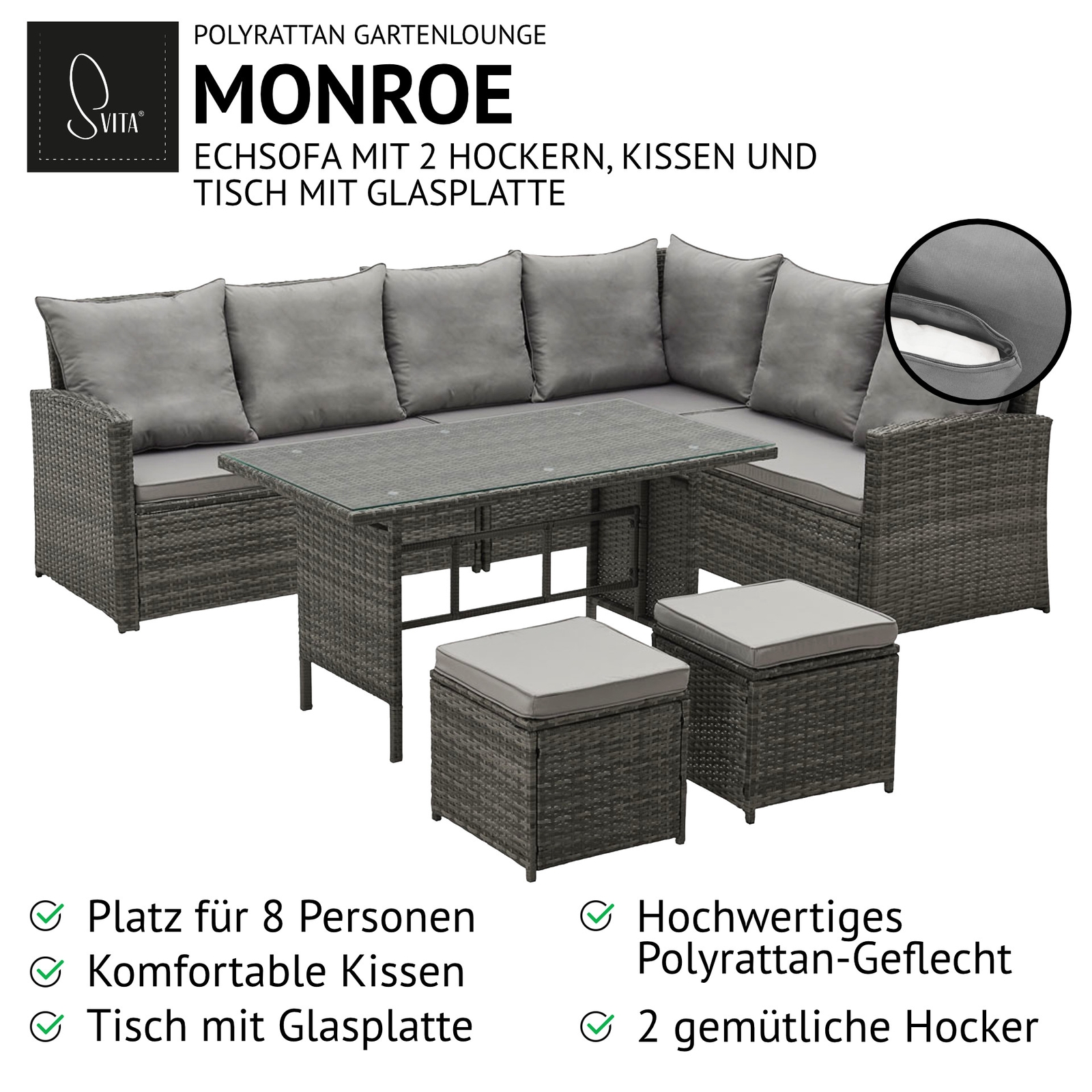 SVITA MONROE Garten-Lounge Set Polyrattan Lounge-Möbel Sitzgruppe Garten Grau