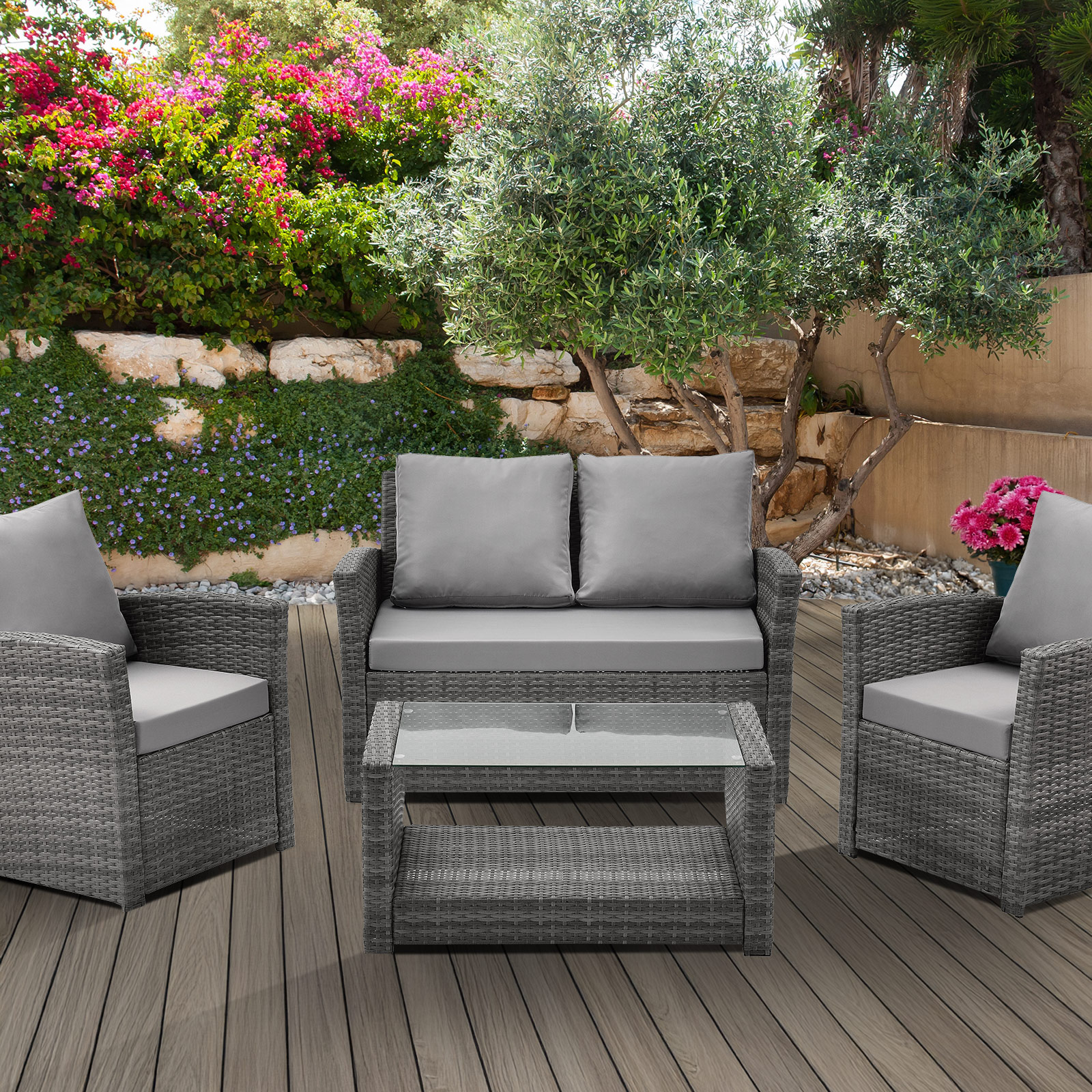 SVITA ROMA Polyrattan Sitzgruppe Lounge Tisch Garnitur Garten Gartenmöbel Grau