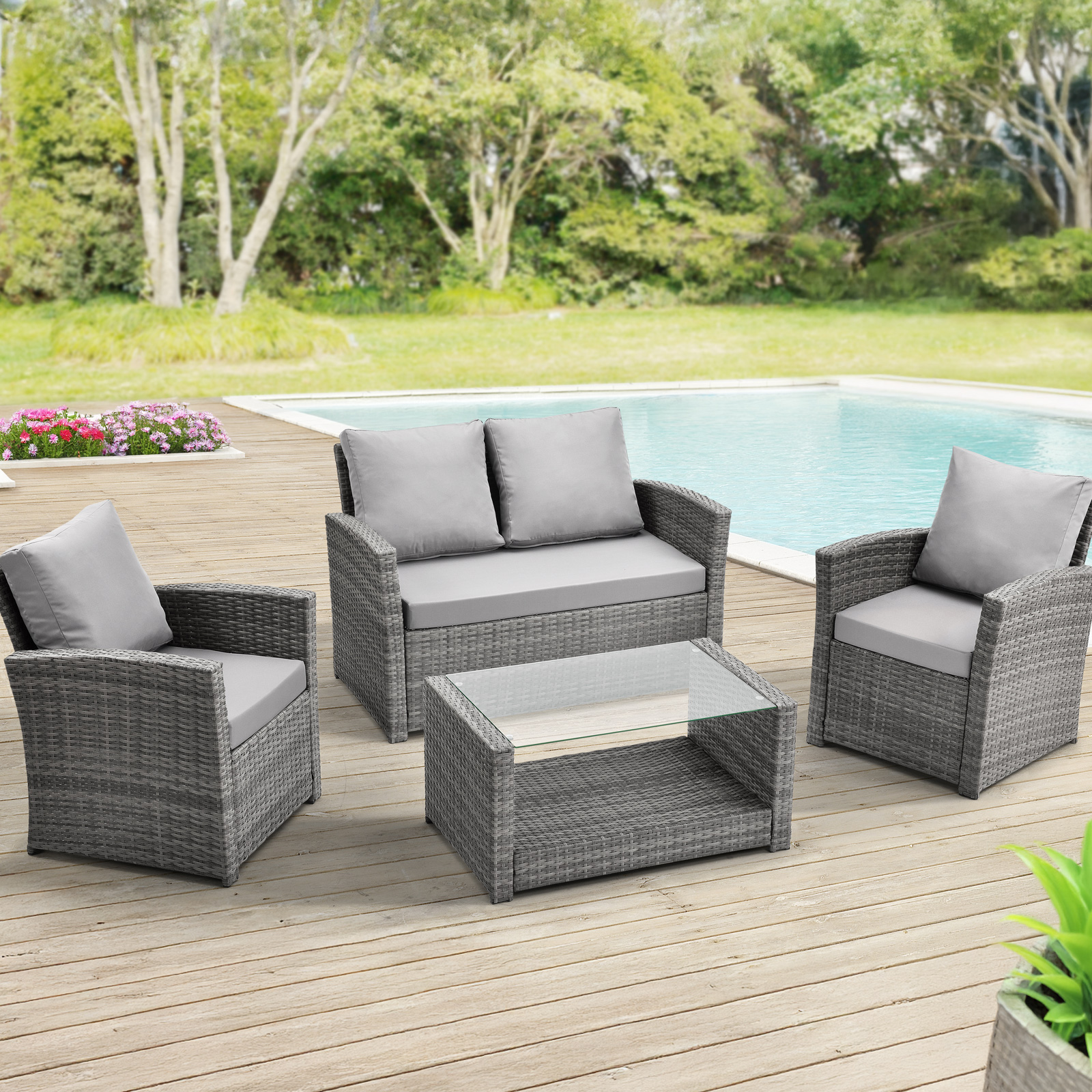 SVITA ROMA Polyrattan Sitzgruppe Lounge Tisch Garnitur Garten Gartenmöbel Grau