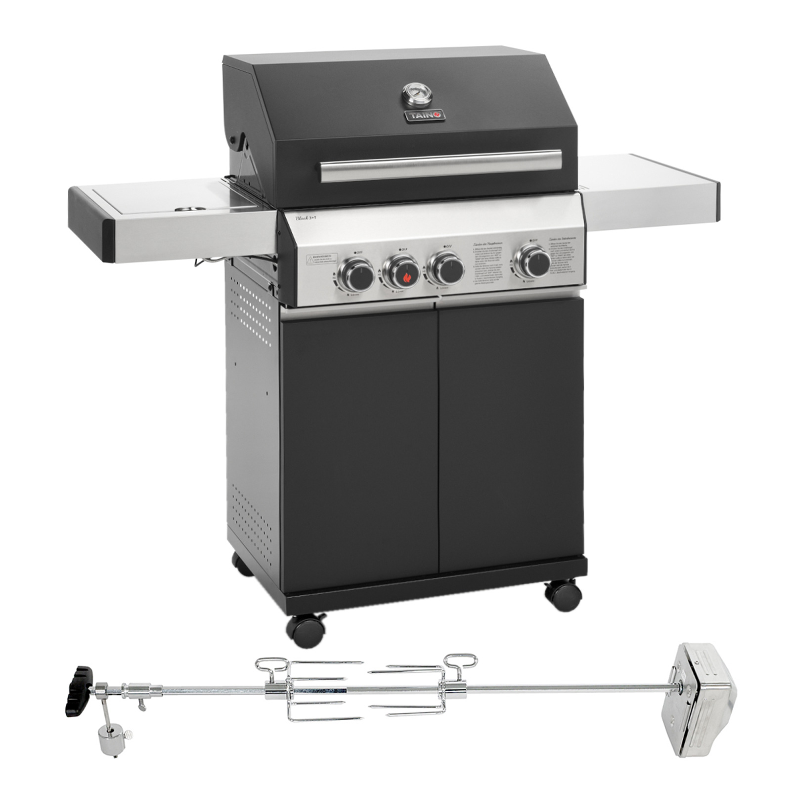 TAINO BLACK 3+1 + Drehspieß Set Gasgrill BBQ Griller Drehspieß Motor Rotisserie