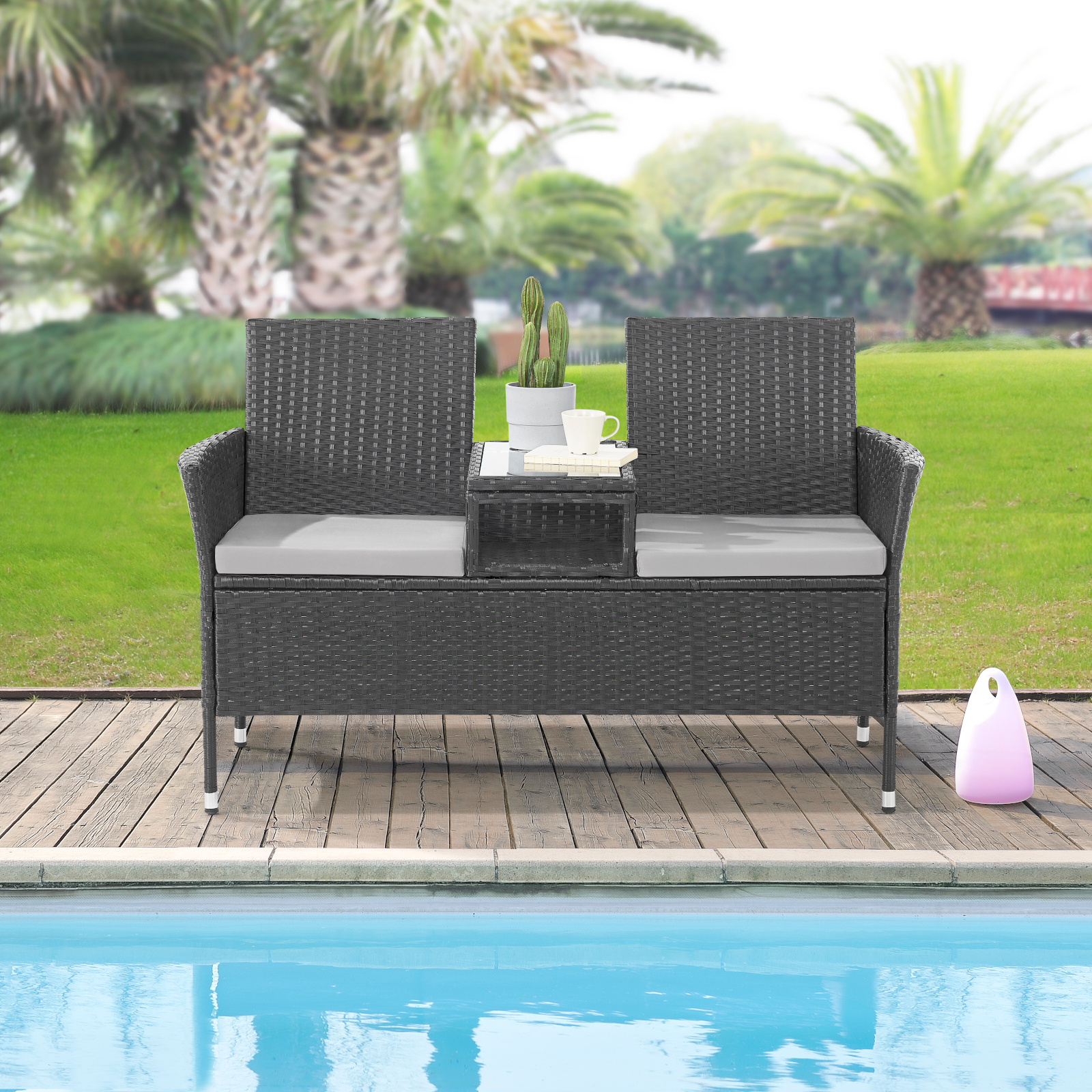 B-Ware 2-Sitzer Chicago Rattan Sitzbank Bank Lounge Garten Gartenbank Schwarz