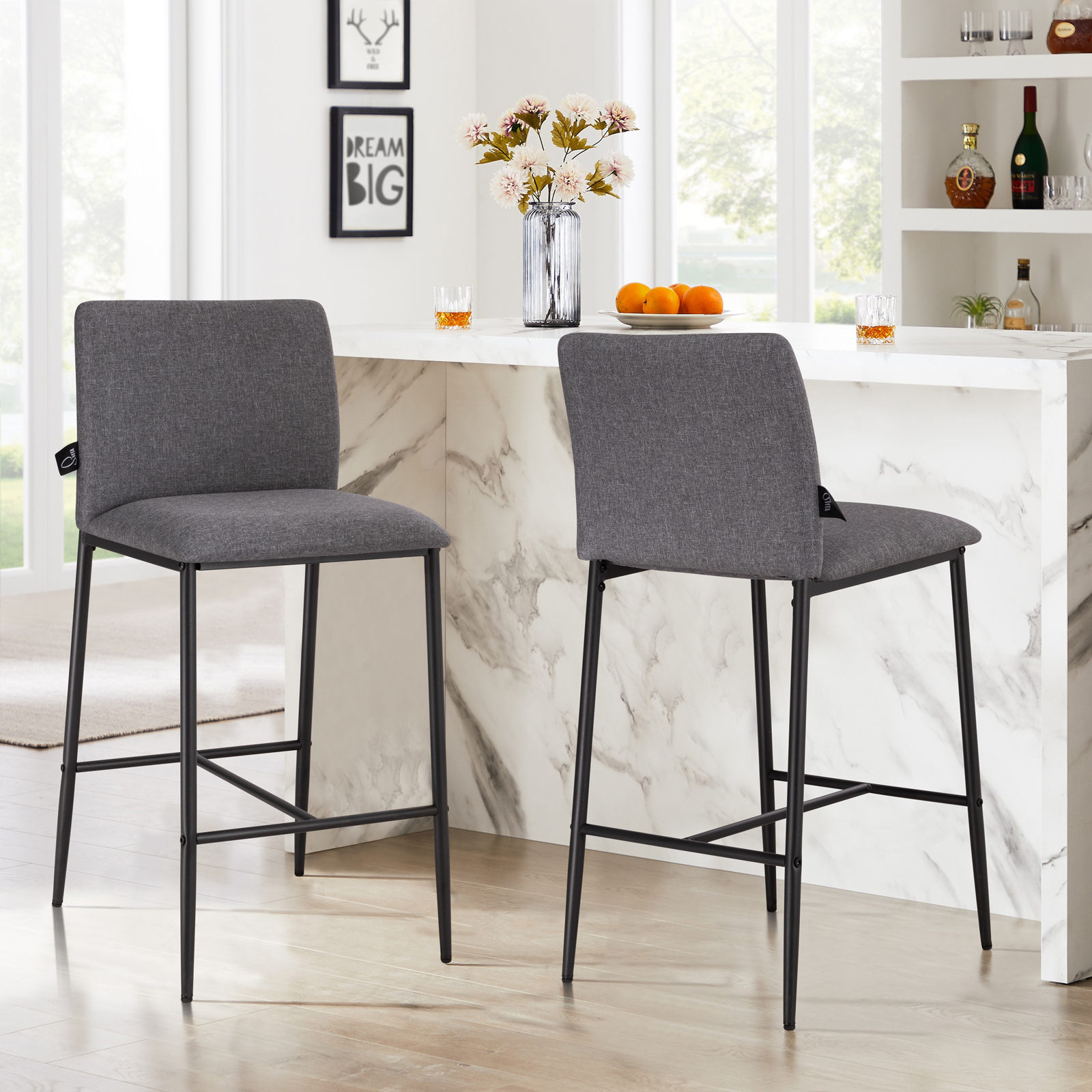 B-Ware SVITA ERIK 2erSet Barhocker Rückenlehne Fußstütze Leinen-Optik Dunkelgrau