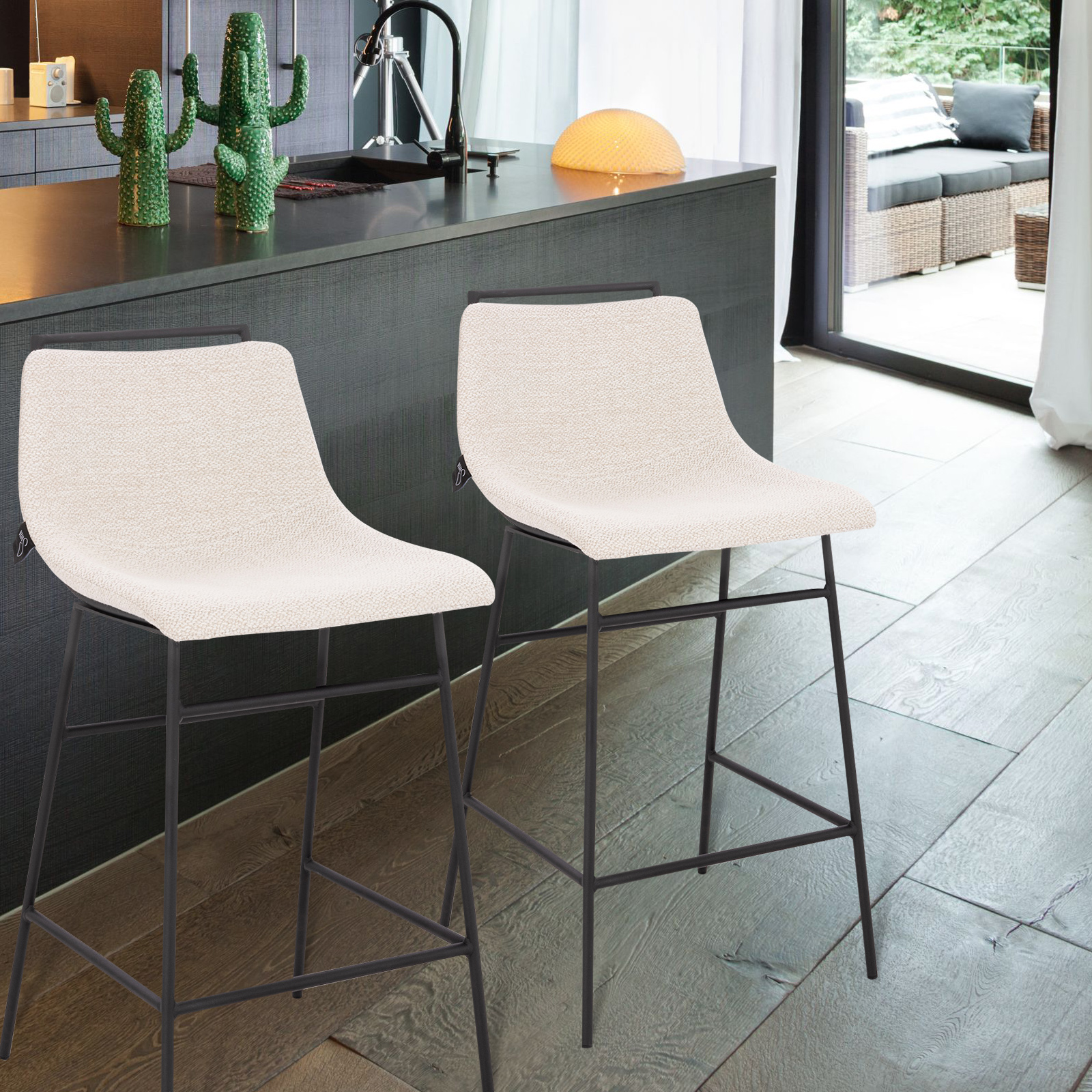 B-Ware SVITA CAMILLE 2er Set Barhocker Barstühle mit Lehne Fußstütze Boucle Weiß