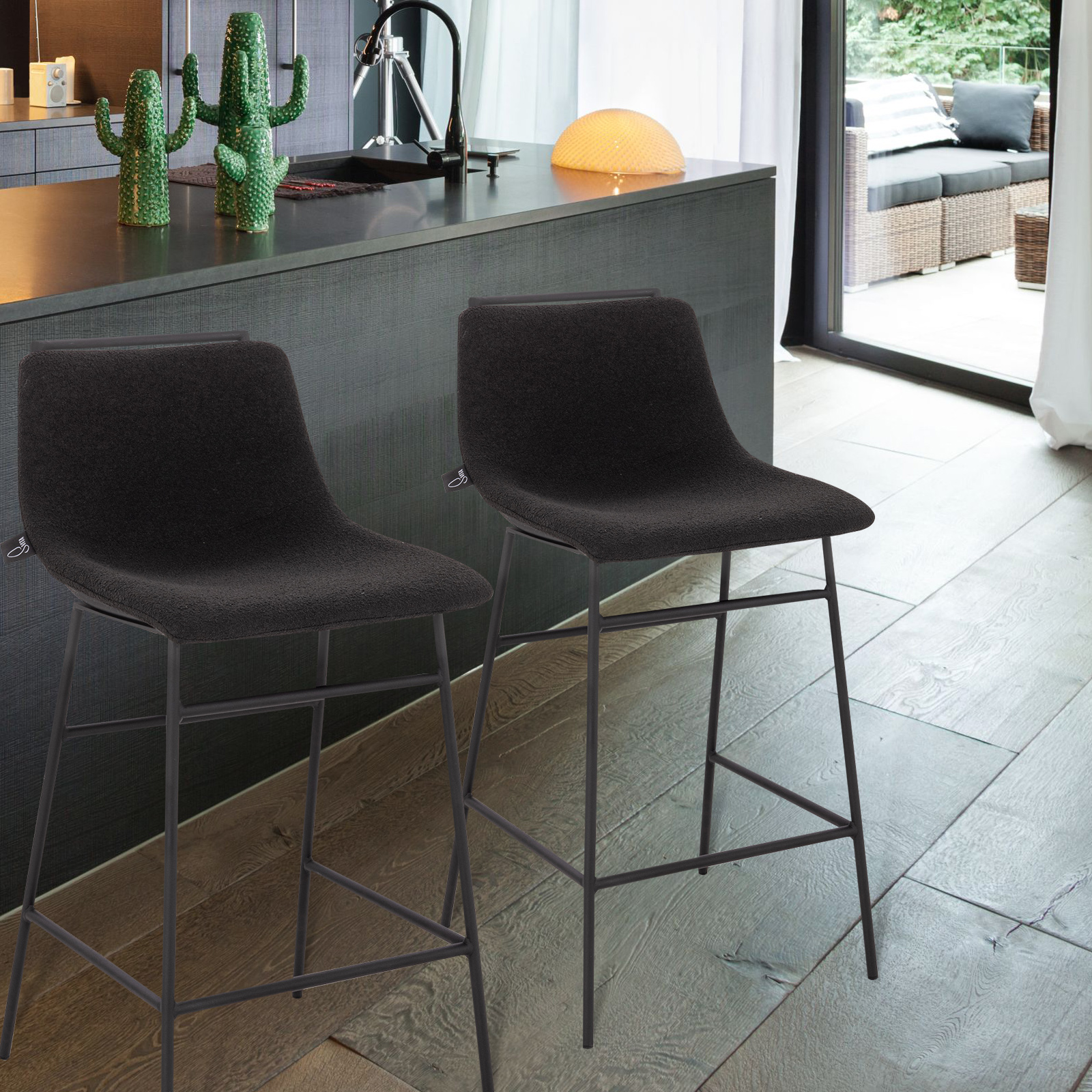 B-Ware 2er Set CAMILLE Barhocker Barstuhl Bar Tresenstuhl Küche Boucle Schwarz