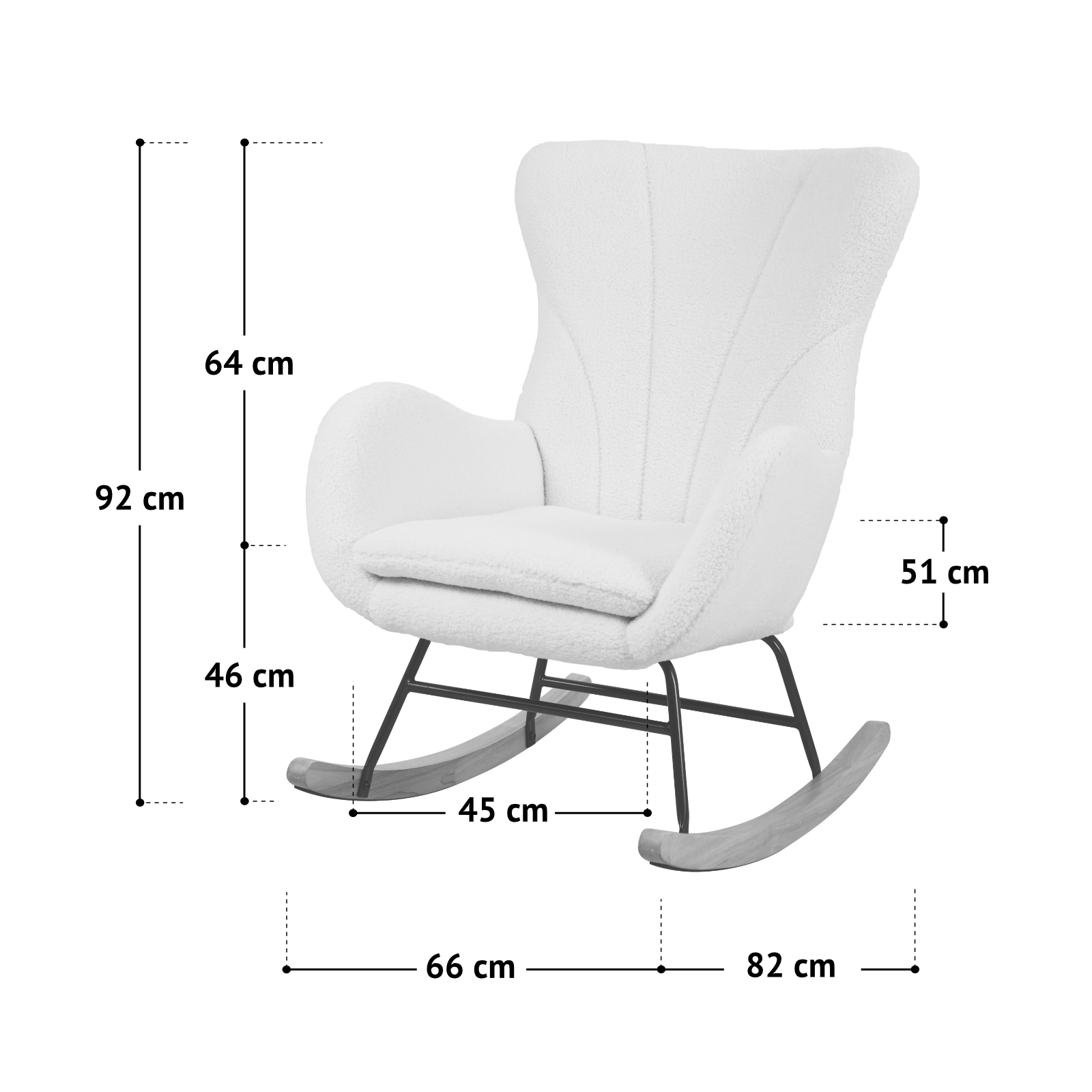 B-Ware KNUT Schaukelstuhl Schwingstuhl Holzkufen mit Armlehnen Teddy-Boucle Weiß