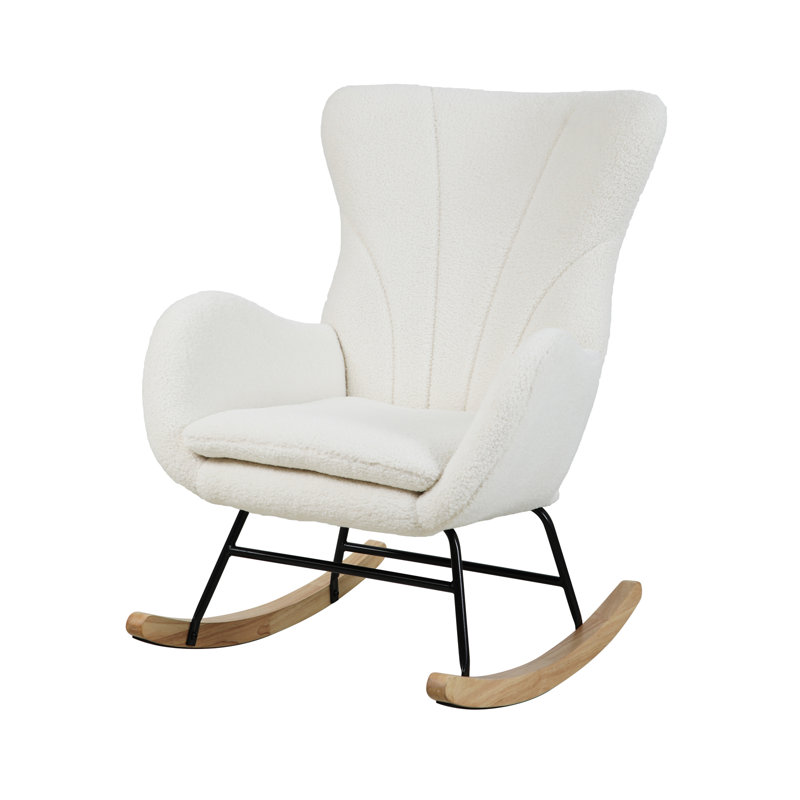 B-Ware KNUT Schaukelstuhl Schwingstuhl Holzkufen mit Armlehnen Teddy-Boucle Weiß