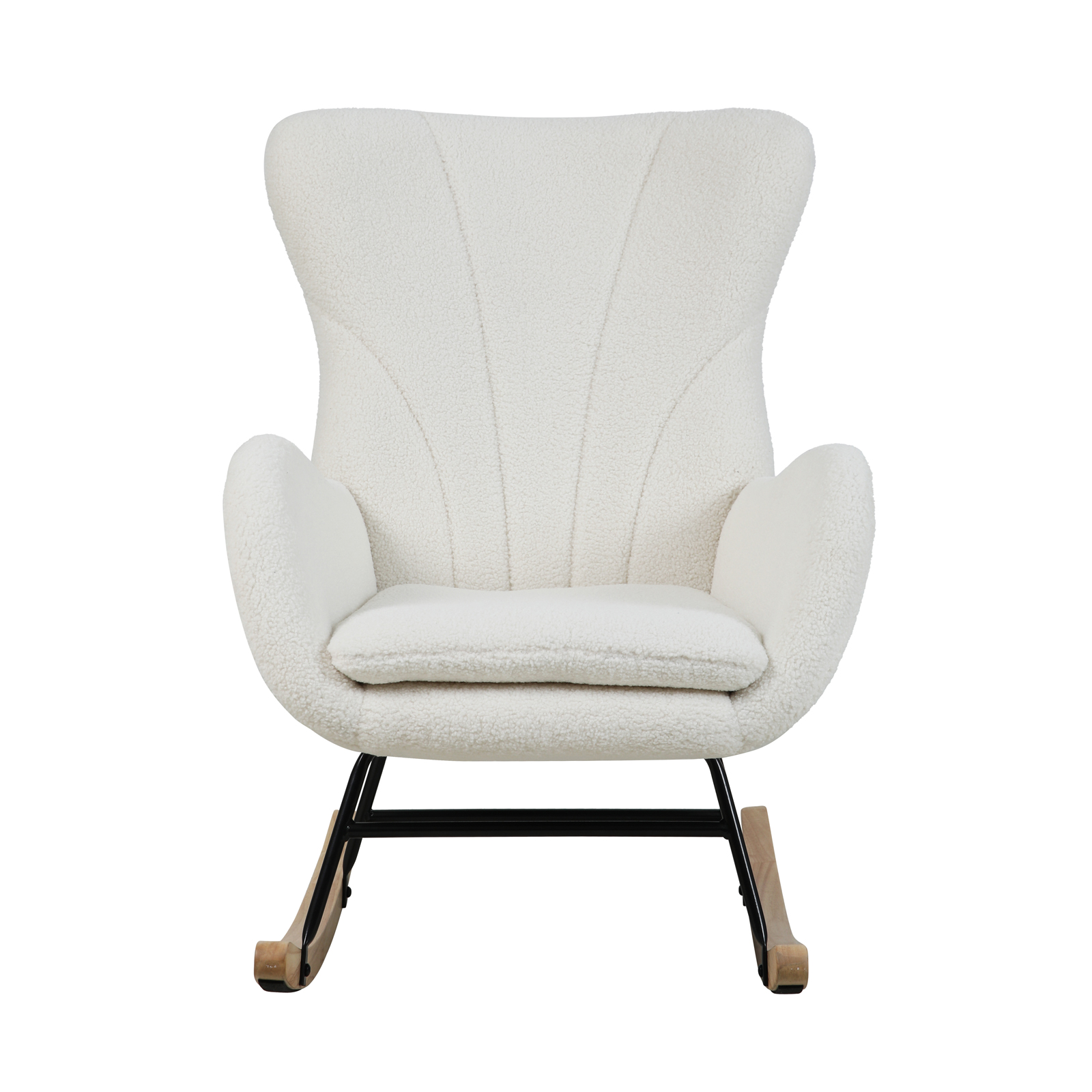 B-Ware KNUT Schaukelstuhl Schwingstuhl Holzkufen mit Armlehnen Teddy-Boucle Weiß