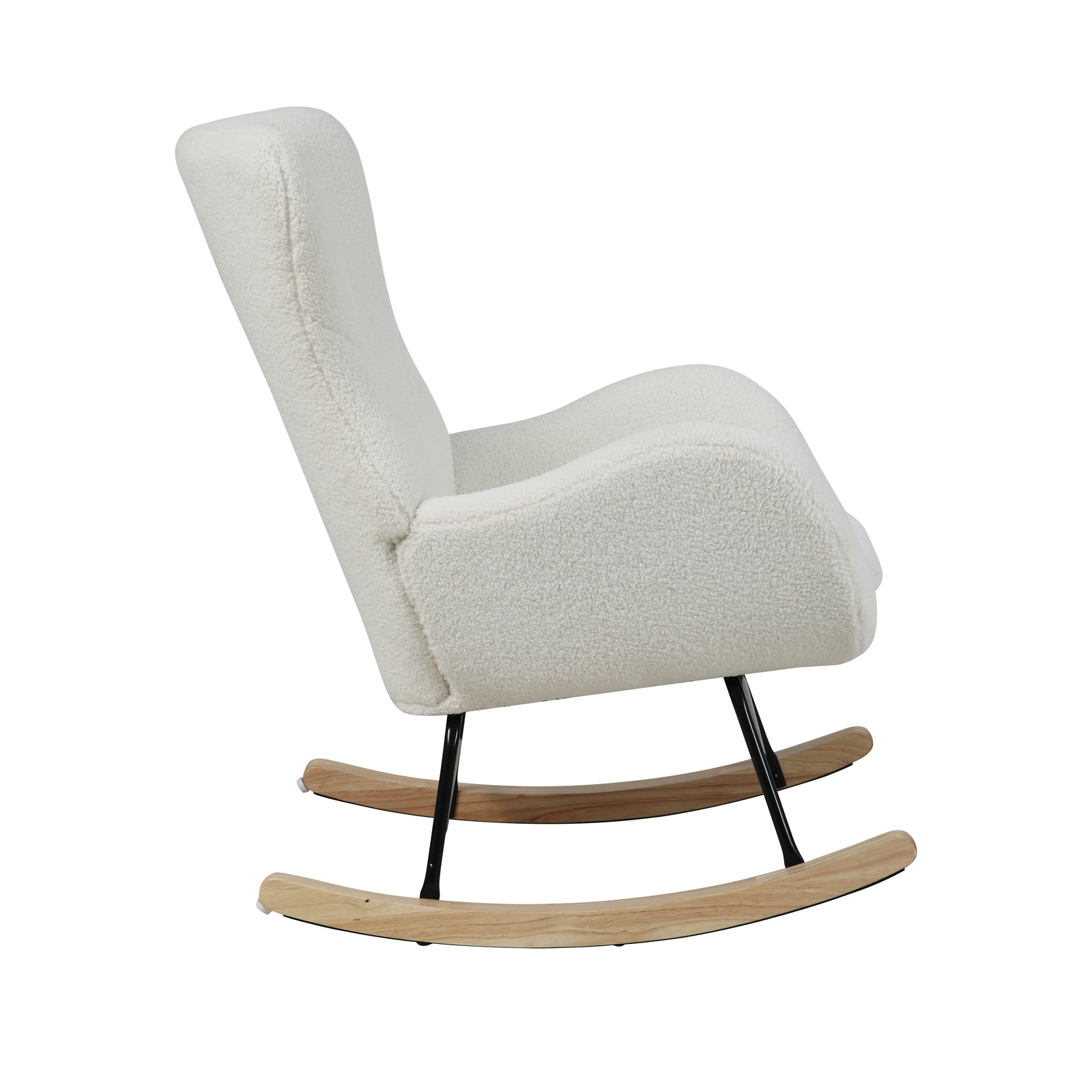 B-Ware KNUT Schaukelstuhl Schwingstuhl Holzkufen mit Armlehnen Teddy-Boucle Weiß