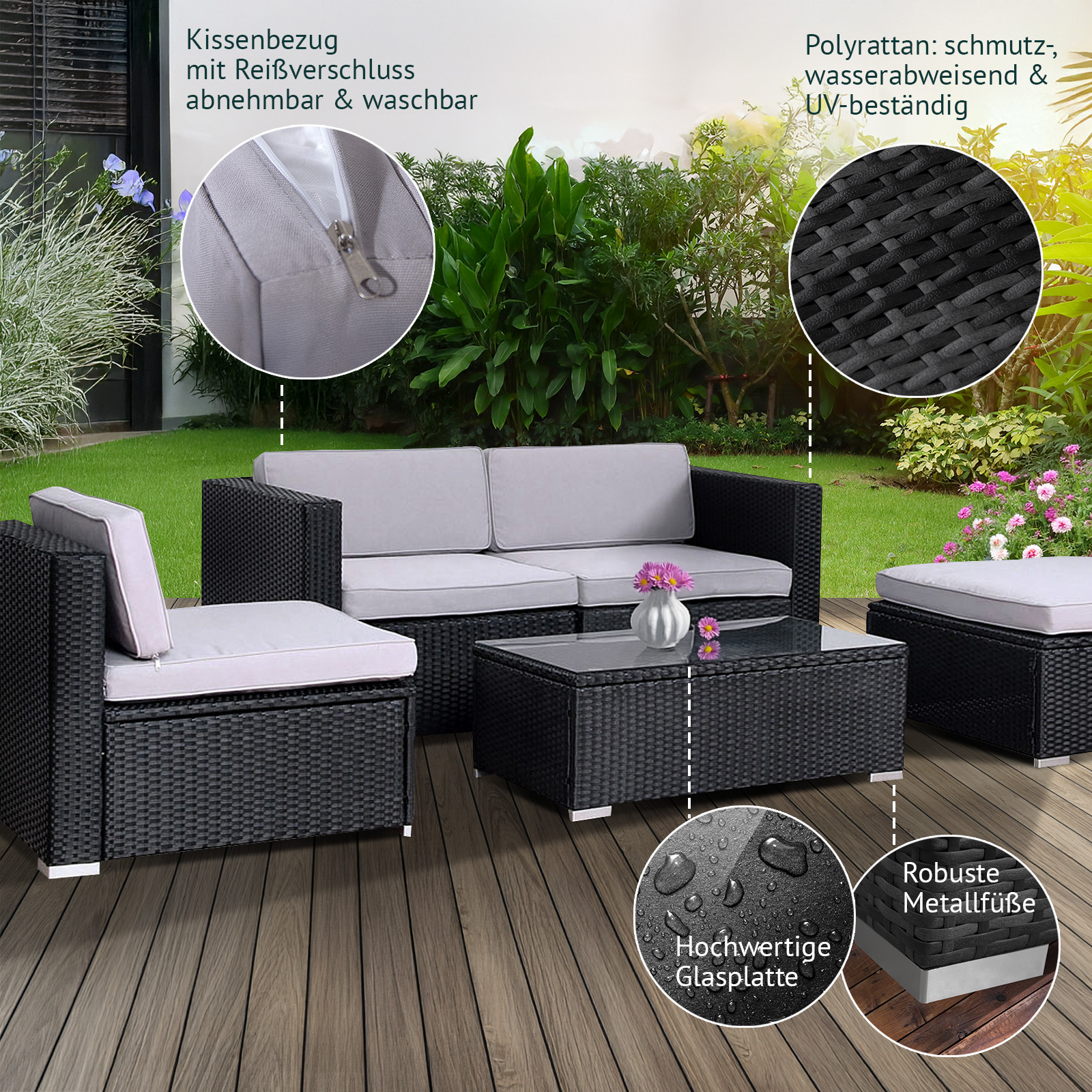 SVITA CALIFORNIA Rattan-Lounge Garten-Ecksofa Gartenmöbel Loungemöbel Schwarz