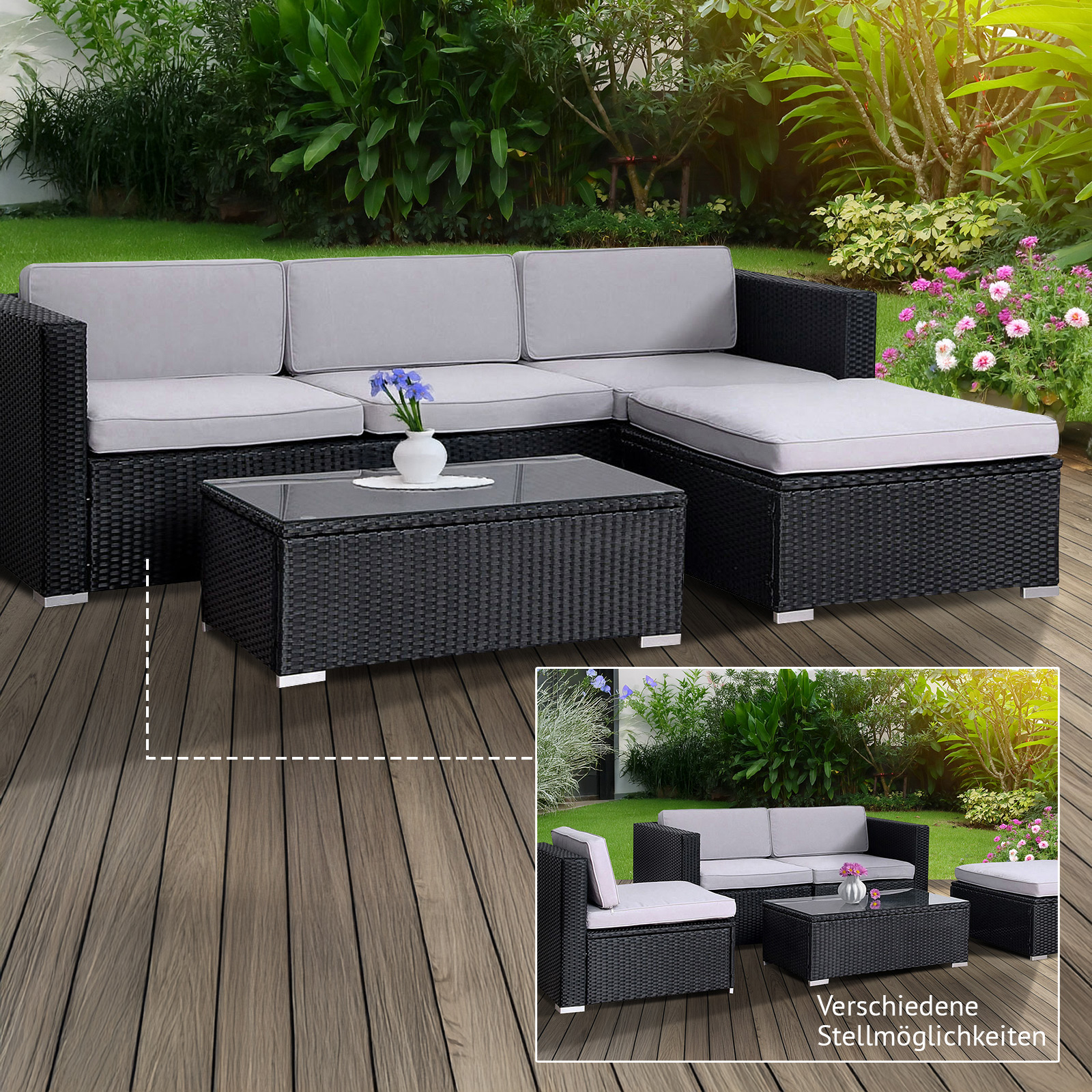 SVITA CALIFORNIA Rattan-Lounge Garten-Ecksofa Gartenmöbel Loungemöbel Schwarz