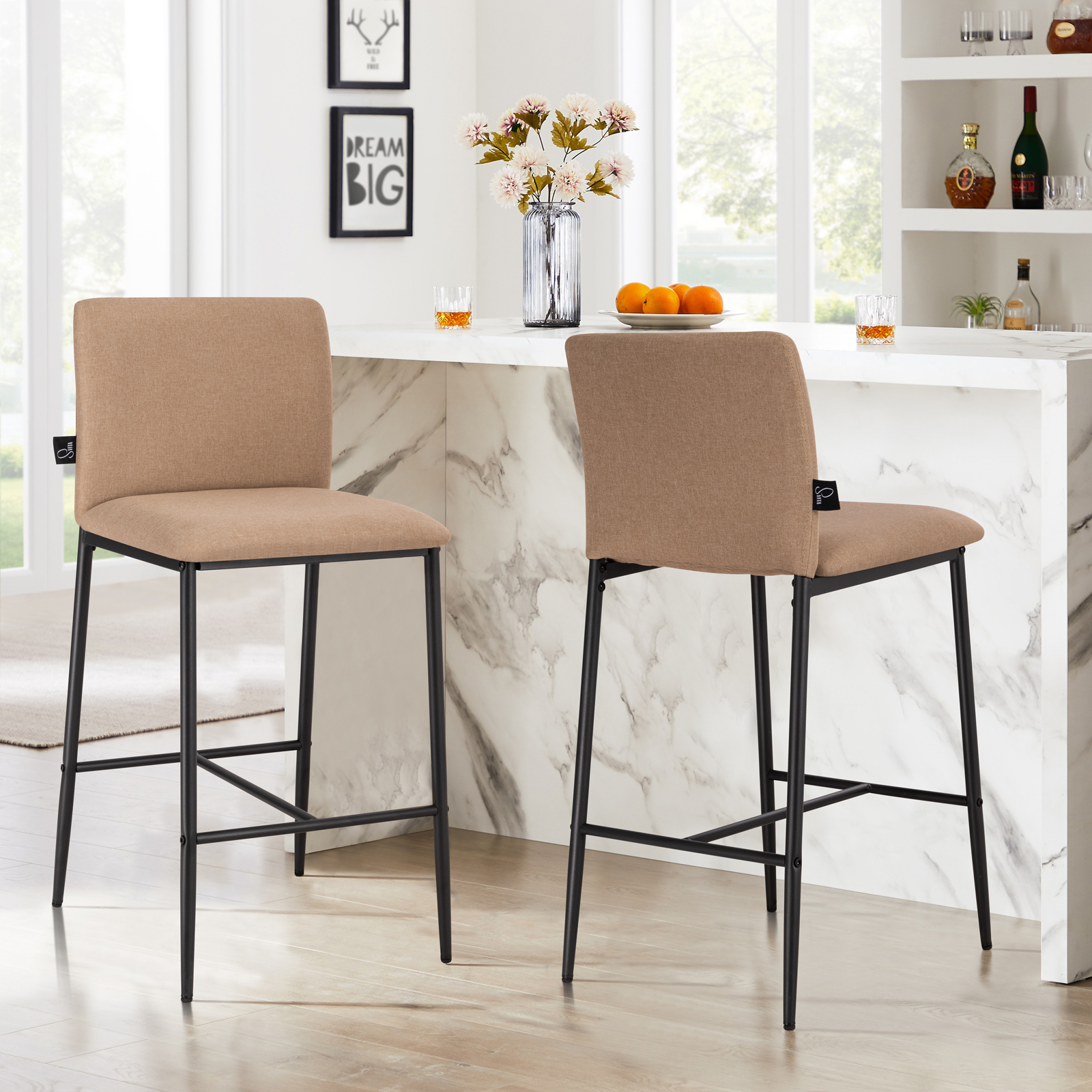 B-Ware SVITA ERIK 2er Set Barhocker mit Rückenlehne Fußstütze Leinen-Optik Beige