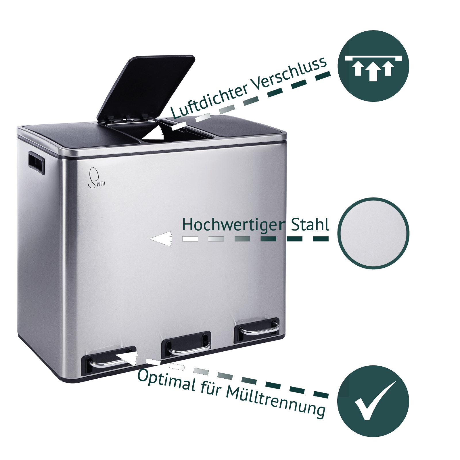 SVITA TM3X18 Mülleimer Papierkorb 54L Edelstahl Treteimer Abfalleimer Recycling