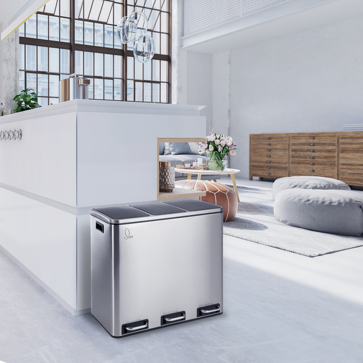 SVITA TM3X18 Mülleimer Papierkorb 54L Edelstahl Treteimer Abfalleimer Recycling