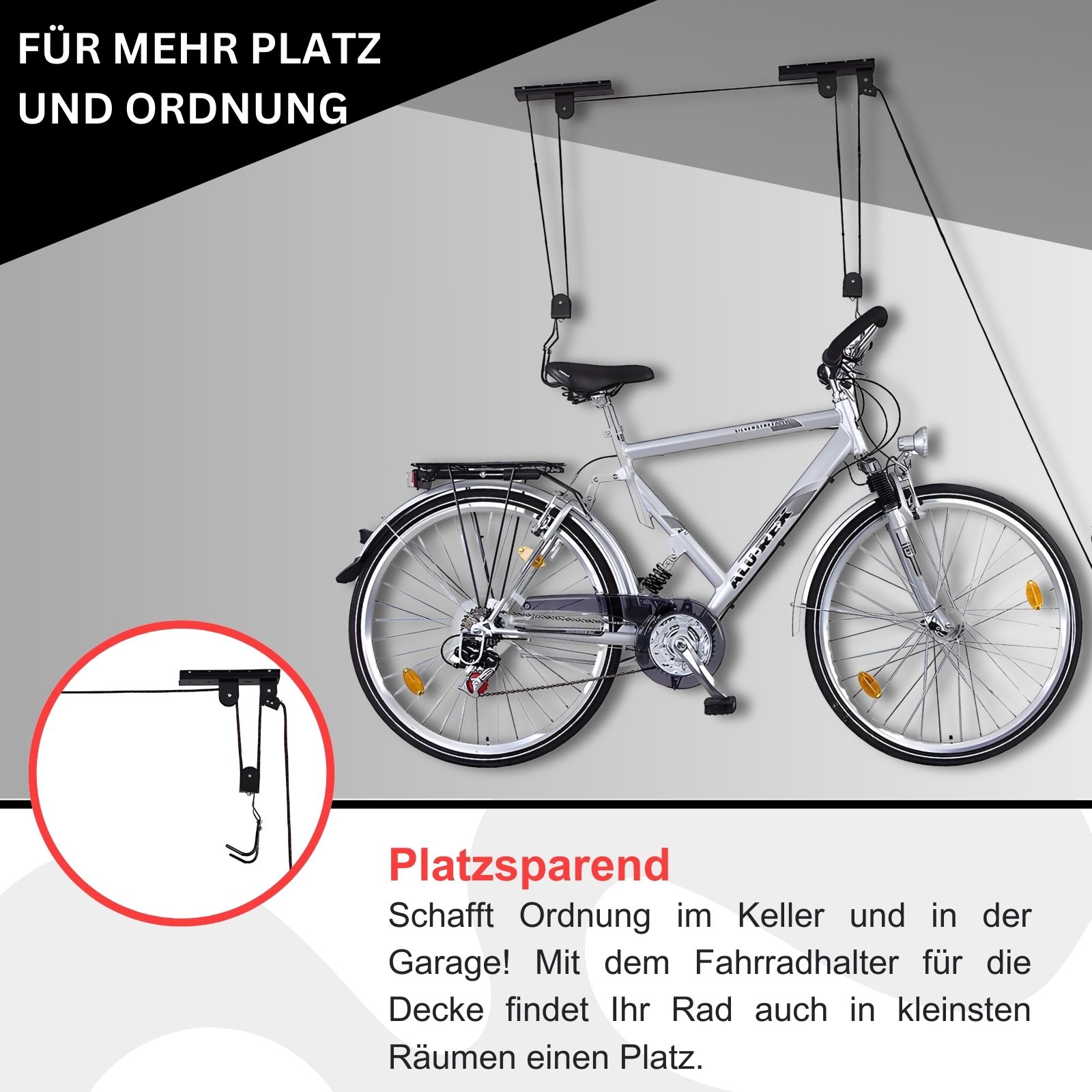 Fahrradlift Für Decke - Seilzug-System Mit 60kg Tragkraft Für Bike & Kajak