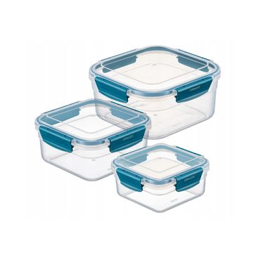 CRALEX Bona Airtight quadratische Lebensmittelbehälter, 3er-Set (700 ml / 1,3 l / 2,15 l), Farbe: Blau