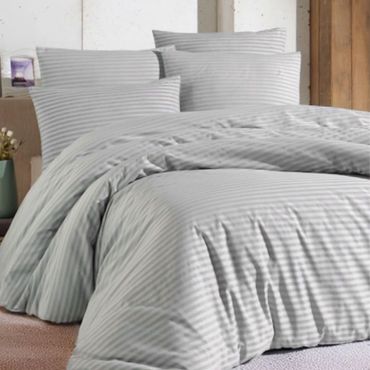 Nordic Schiller Einzelbettbezug-Set mit gestreiften elastischen Laken - 160x220 cm, Knitterresistent, Farbe: Grau