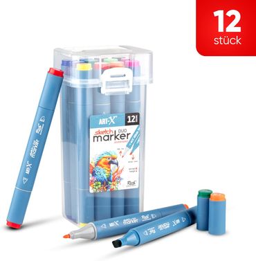 ART-X Doppelspitzen Skizzen Marker Set - 12 Farben, Alkoholbasiert, Sketch Marker alt-