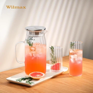 Wilmax Borosilikat Glas Krug mit Edelstahl-Deckel, Volumen: 1000ml