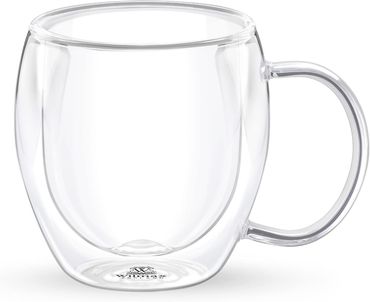 Wilmax Doppelwandige Thermoglas-Tasse mit Henkel, Volumen: 400ml