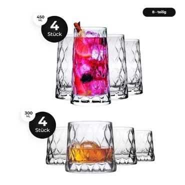 Pasabahce Leafy Gläser Set - 4 Longdrinkgläser 450 ml + 4 Whiskyglas 300 ml