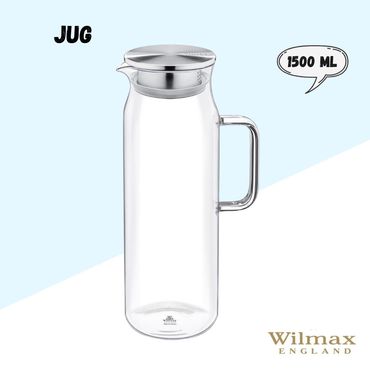 Wilmax Borosilikat Glas Krug mit Edelstahl-Deckel, Volumen: 1500ml