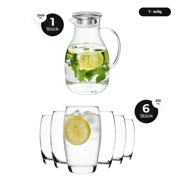 Wilmax Glaskrug 2,5 L mit Edelstahl-Deckel & LAV Longdrinkgläser 510 ml 6er Set