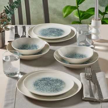 GÜRAL Roden Tafelservice 24-tlg., 6 Personen, Bone Porzellan, Creme mit blauer Struktur