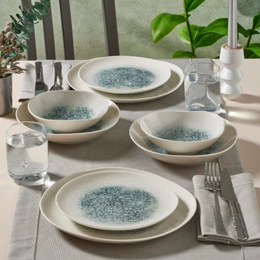 GÜRAL Roden Tafelservice 24-tlg., 6 Personen, Bone Porzellan, Creme mit blauer Struktur