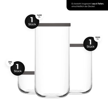 LAV DUO Vorratsdosen-Set 3-tlg – 380 ml + 1000 ml + 1400 ml – Transparent mit Deckel