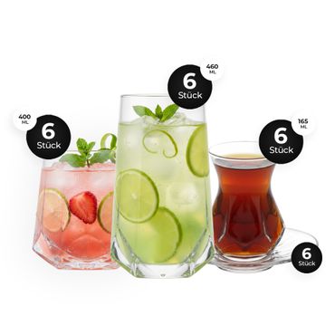 LAV ALYA & VALERIA Gläser-Set 24-teilig – 6 Personen – Teegläser 165 ml & Wassergläser 400/460 ml