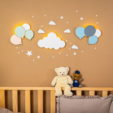 Cozy Collection LED-Wandnachtlicht Ballons & Wolke aus Massivholz – handbemalt, Pastell (Blau/Grün/Weiß),Set-Optionen