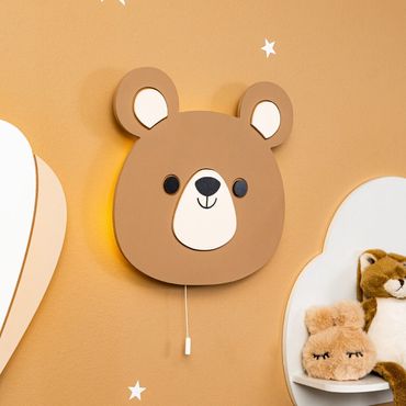 Cozy Collection Handbemalte LED-Wandleuchte Bär aus Holz – Kawaii-Design, 9V batteriebetrieben, Einzel/Set-Optionen