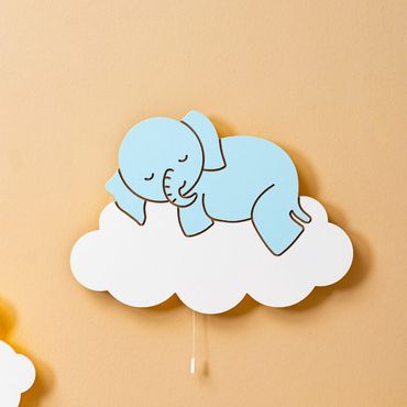 Cozy Collections Handbemalte LED-Wandnachtlichter Elefant & Lamm auf Wolke aus Holz – Pastell (Blau/Rosa/Weiß), 9V batteriebetrieben, Einzel/Duo/Trio